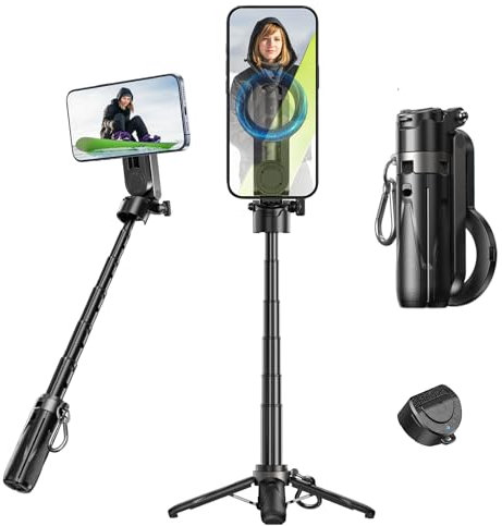 MAGIC JOHN Selfie Stick Tripod, Black, Compatible with iPhone, Samsung, Smartphones, 8.27-14.37 inches, Aluminium, Bluetooth Remote