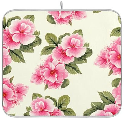 Alfombrillas de secado de platos con diseño de flores rosas y hojas verdes, de secado rápido, con estampado animal, protector de calor, para encimera de cocina, 18 x 24 pulgadas