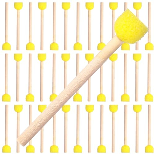40pcs Paint Sponges Round Foam Paintbrushes with Wooden Handle, Sponge Paint Brushes Staining Tool for DIY Arts and Crafts, Yellow