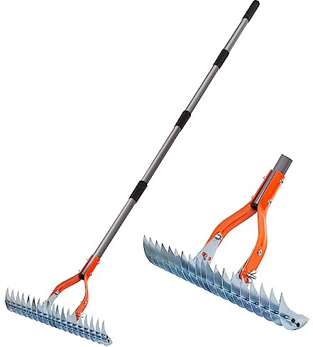 Favritt 15-Inch Thatch Rake, Heavy Duty Steel Dethatcher with Handle for Lawn Grooming and Grass Cleaning