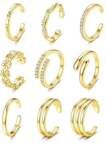 KRFY 9 Pcs 14K Gold Filled Toe Rings for Women Non Tarnish Toe Ring