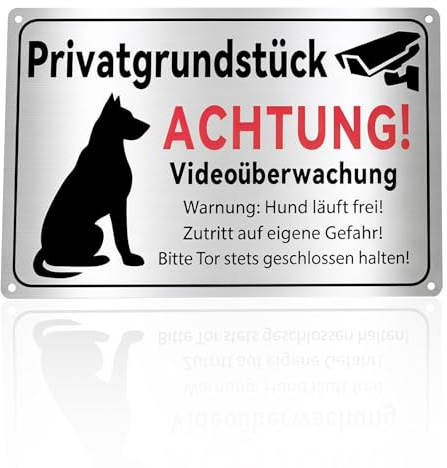 Simsky Vorsicht Hund Schild, 30x20cm Freilaufender Hund Schild Warnung Vor Dem Hund Schilder Videoüberwachung und Hunde Videoüberwachung Privatgrundstück Selbstklebend mit Bohrlöchern, 1 Stück