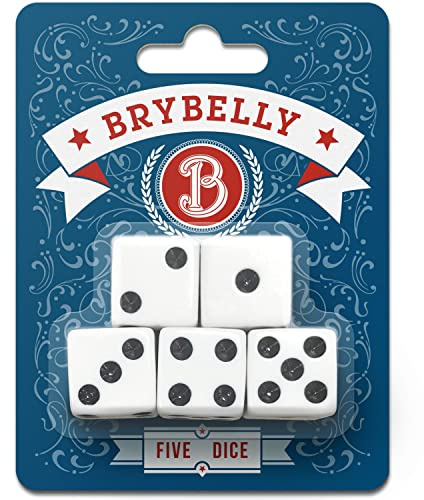Classic White Game Dice for Playing Board Games and Card Games, 5-Pack Set - 16mm Regular Pipped Six-Sided Dice by Brybelly