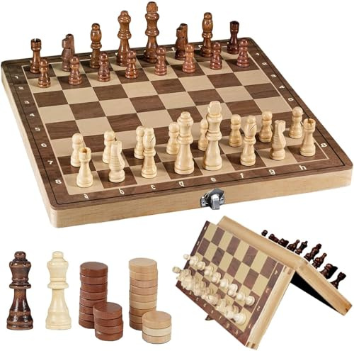 Sunshine smile 39cm Schachspiel Magnetisch Holz,Schachspiel Holz Magnetisch,Schachspiel aus Holz,Backgammon,3 in 1 Schachspiel Holz Hochwertig,Schach,Klappbar für Erwachsene Party Reisen