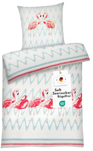 Carpe Sonno Seersucker Bettwäsche 135x200 Baumwolle [Bügelfrei] | Flamingo Bettwäsche Seersucker 135x200 | Sommer Bettbezug 135 x 200 | Leicht kühlende Sommerbettwäsche Tiermotiv