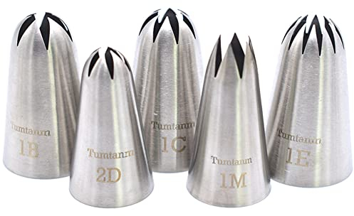 Tumtanm 5 Stück extra große Spritztüllen, 1B 1C 1E 1M 2D # nahtlose Edelstahl-Spritztüllen
