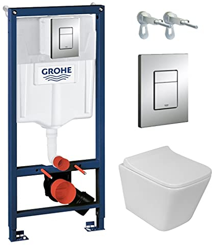 GROHE Vorwandelement Solido + Wand Hänge WC Lago Weiß Spülrandlos + WC Sitz mit Absenkautomatik Verchromter Knopf Komplettset Unterputz Spülkasten Toilette Komplett Sett WC