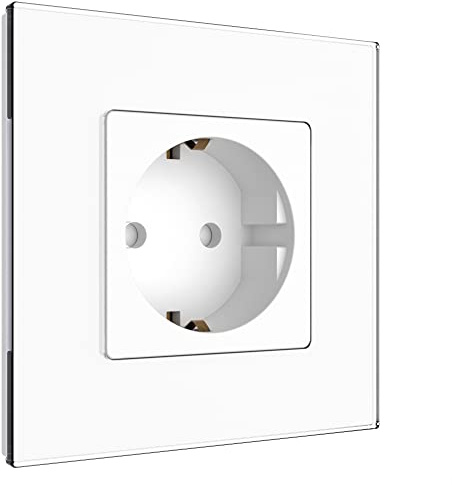 PULSAR Steckdose Unterputz 1-Fach Glas Weiß, Schuko-Wandsteckdose 16A | Steckdose Weiß 1-Fach Glas Unterputz, Schuko Wandsteckdose 16A 86 x 86mm mit Kindersicherung in Glasrahmen