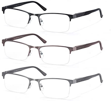 MODFANS 3 Paire de Lunettes de Lecture 1.75 Homme Anti Lumiere Bleue - Monture Rectangle en Metal Acier Inoxydable Lunettes de Vue Lunettes Loupe Noir-Gris-Marron