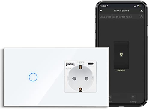 CNBINGO Smart Touch-Lichtschalter mit USB Schuko Steckdose, mit USB Anschluss und Typ C (Max. 3.1A), WLAN Lichtschalter für Alexa, Google Assistant, Schutzkontakt Wandsteckdose Unterputz, Weiß | mit USB Anschluss und Typ C (Max. 3.1A), WLAN Lichtschalter für Alexa, Google Assistant, Wandsteckdose Weiß