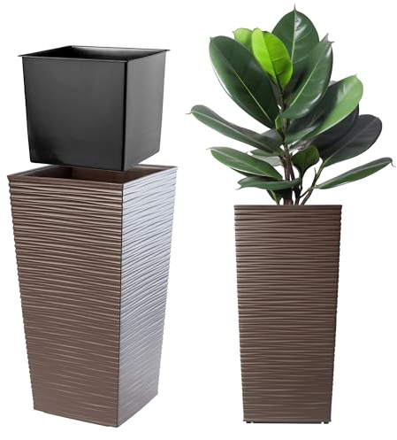KADAX Macetero Alto de Diseño Moderno para Plantas de Interior y Exterior, Maceta Grande de Plástico, Jardinera Alta (Marrón, Texturizado, 68 cm, Aprox. 38L)
