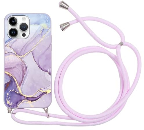 ZhuoFan Handykette für iPhone 13 Pro Max Hülle mit Band, Aesthetic Marmor Muster Verstellbarer Halskette Handyhülle mit Kordel zum umhängen, Violett Silikon Stoßfest Schutzhülle mit Kette, Marble