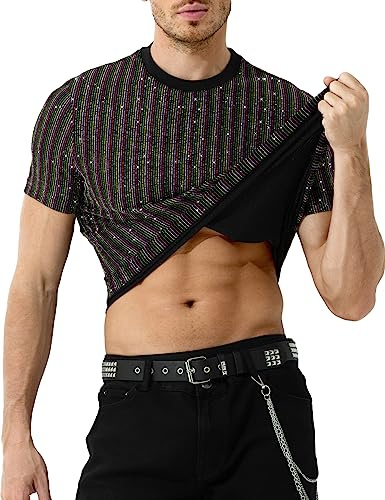 Casey Kevin Camisetas Lentejuelas Hombre Camisa Rock Fiesta Discoteca Ropa Punk Metalizada Brillo Negra Manga Corta Suaves Brillante Plateada Interior Club Nocturno Jazz Hip Hop Dance Clubwear