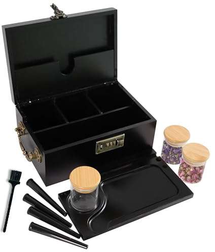 JIABOLANG Bambusbox mit Zahlenschloss und Zubehör, 3 geruchsdichte Gläser, 4 Röhren, Rolltablett, Bürste, geruchsdichter Beutel – Kräuterzubehör-Organizer-Set mit Griff, verschließbare Schwarz