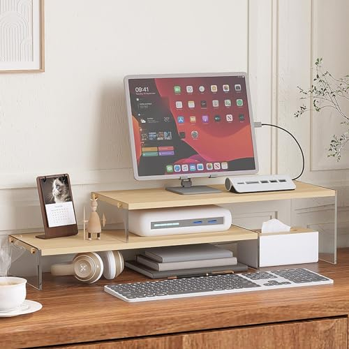 YGYQZ Holz verstellbare Monitor Riser für Schreibtisch, 2 Tier Dual Monitor Stand mit Acryl Beine Büro Schreibtisch Regal Veranstalter für Laptop, PC, Drucker, Computer (Holz-flach)