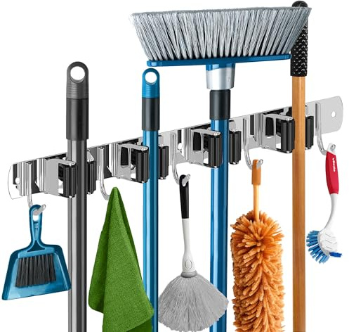 The Good Stuff Heavy Duty Mop and Broom Holder Wall Mount – Stainless Steel 5-Rack Organizer with 4 Hooks – Space Saving, Rust-Resistant Utility Rack for Garage, Kitchen, Laundry or Garden Tools