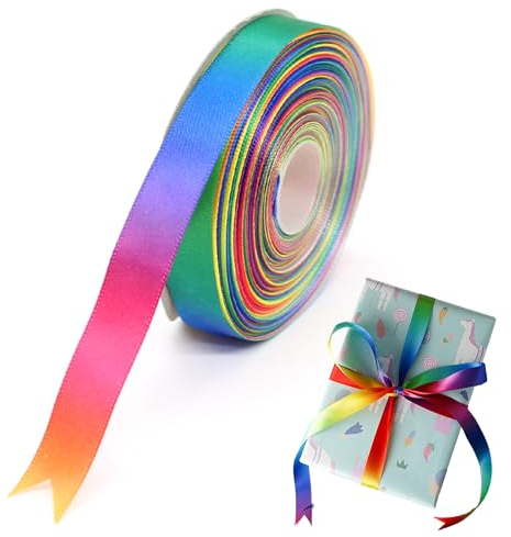 Satinband Regenbogen, 20mm X 22m Regenbogen Geschenkband Gradient Farben Seidenband Glitzer Ringelband für Dekoration Party Geschenkverpackung Ballonverschlüsse