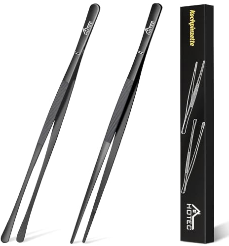 Hotec Edelstahl-Kochpinzette, professionelle Küchenzange zum Kochen, Grillen und Backen, extra lange Lebensmittelpinzette, Set von 2 - 30,5 cm, Schwarz, NZ-B02