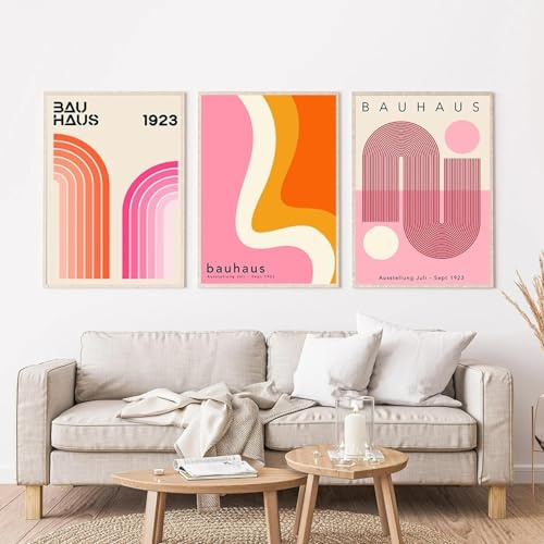 KemneT Retro rosa Bauhaus-Ausstellungs-Wand Bilder abstrakte Linie Welle Leinwandgemälde nordische Poster Kunstdrucke Wandbild Wohnzimmer Heimdekoration 50 x 70 x 3 ungerahmt