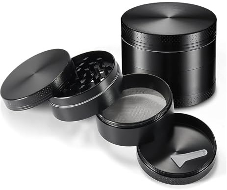Four Piece Black Premium Zinc Alloy Herb Grinder with Sifter and Magnetic Top - 2.15 Inches (55mm) for Dry Herb Spices Portable