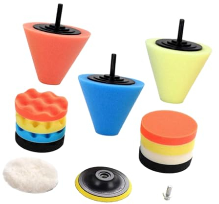 Polierpads für Bohrmaschine, KACEPAR 14pcs Puffer Drill Attachment, Auto Polierer und Puffer Poliersets mit Schwamm Wolle Pads, für Auto Polisher, Schleifen, Wachsen, Reinigen