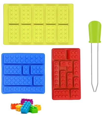 SSKHE 3 PCS Building Silicone Moulds, Building Blocks Silicone Chocolate Moulds, Non-Stick Blocks Icing Molds, with 1 Pieces Graduated Clear Liquid Droppers, 5-Cavity, for DIY Cake Chocolate