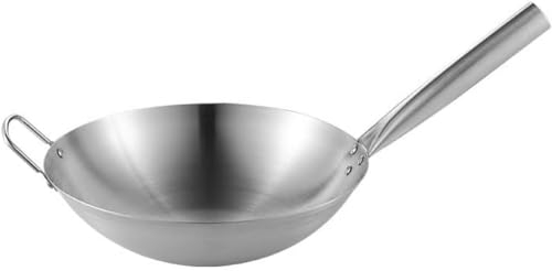SnamicE Pentola Fatta A Mano, Padella in Acciaio Inossidabile 304, Pentola Antiaderente Non Rivestita Padella Wok in Ferro Pre-Stagionato - 30 Cm (32 Cm)