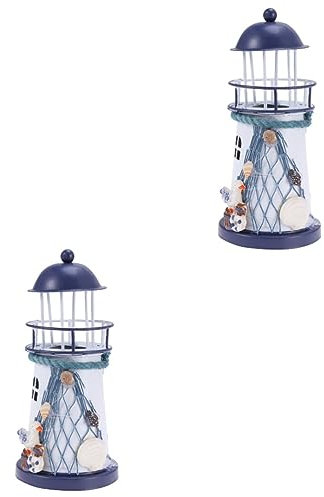 Parliky 2pcs Nautical Fish Net Shell Buoy Decor Natical Marine Model Lighthouse Hand Painted Tealight Holder Home Decor Ornament