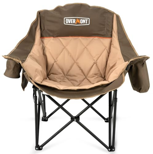 OVERMONT Silla de Camping Plegable Grande 204kg - Silla de Pesca Acolchada Resistente con Bolsa Térmica Portavasos - Sillas Portátil para Exterior Acampada Jardín Playa Pesca Caqui