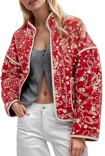 Yimoon Women's Cropped Puffer Quilted Jacket Vintage Floral Print Open Front Lightweight Short Jacket Outwear (RedFloral-XL)