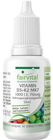 fairvital VITAMIN D3+K2 droppar, 50 ml, All-Trans MK7, högt biotillgängligt vitamin D3, kvalitetskontrollerat och högdoserat, tillverkat i Tyskland