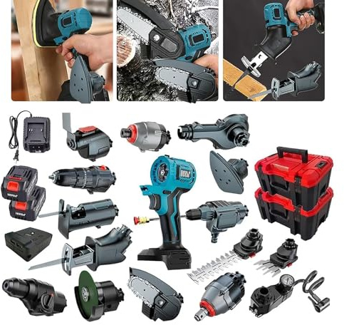 Kit Combiné D'outils électriques Multifonctions sans Balais avec Batteries Et Chargeur, Perceuse à Percussion/scie Sauteuse/visseuse/Ponceuse/Machine De Nettoyage/scie à Chaîne/clé à Double Usage