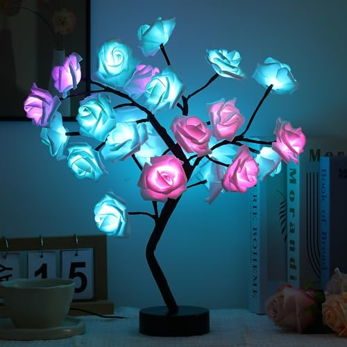 Drawelry Rose Flower Tree Lamp - LED Rose Tree Table Lamp USB/Battery Powered Artificial Bonsai Flower Night Light for Bedroom Living Room Party Wedding Valentines Mothers Day Decor (White)