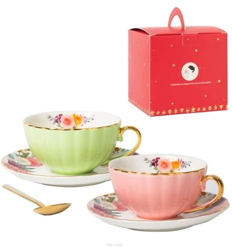 VOCUE Ensemble de tasses à café élégantes en porcelaine anglaise pour thé de l'après-midi Motif floral vintage