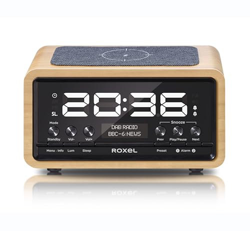 Roxel Nod2 DAB Radio, DAB+ & FM Radio, Alarm Clock, Wireless Qi Charging Large Digit Display Dual Bedside Alarm Clock with Wireless Streaming (Oak)