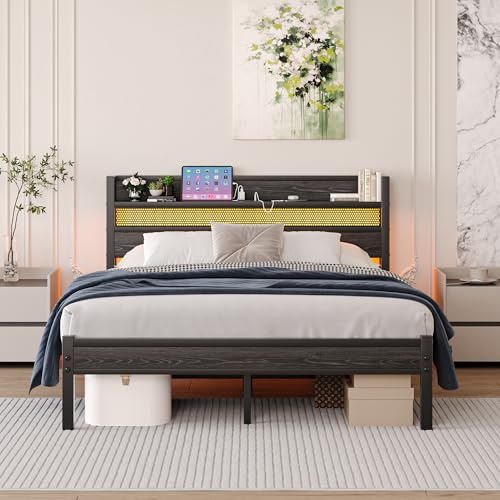 HAHRIR Telaio per letto in metallo, 120 x 200 cm, con testiera e stazione di ricarica/illuminazione a LED, telaio in metallo resistente, robusto doghe in acciaio, marrone rustico