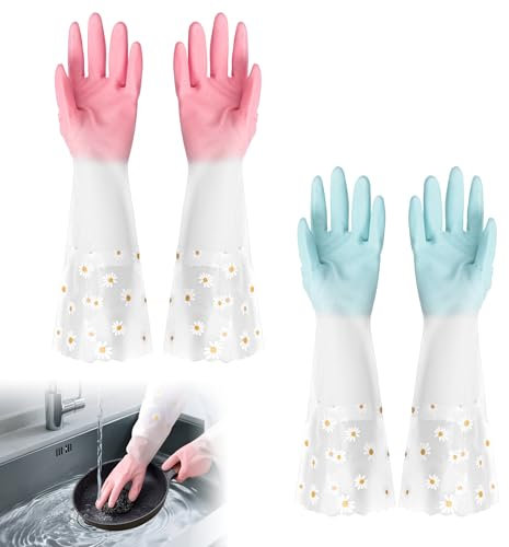 2 Pairs Washing Up Gloves Long Cuff and Non Flock Lining Marigold Glove Reusable Rubber Gloves Non-Slip for Washing Dishes for Kitchen Bathroom Gardening