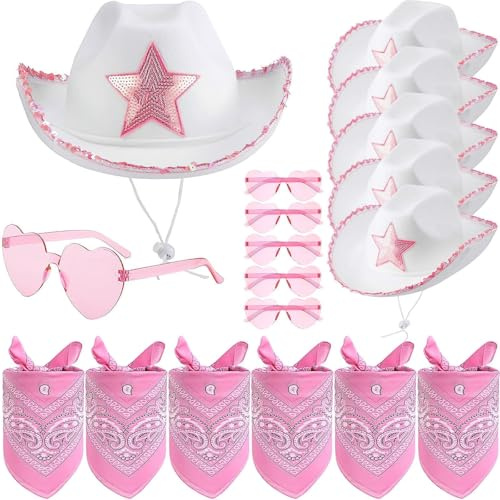 ASMIZ 6-teiliges Cowgirl-Set mit Cowboyhüten, herzförmigen Sonnenbrillen & Bandanas – Weißer Westernhut mit pinken Pailletten für Junggesellinnenabschiede, Kostümpartys, Hochzeiten & Festivals