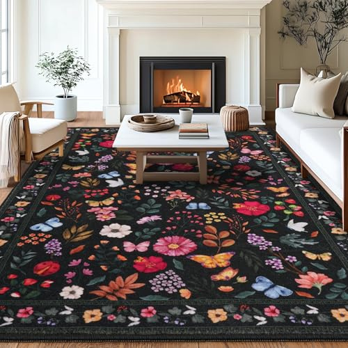 MAST DOO Tapis pour salon 160x230cm, Tapis Boho à poils courts lavable, Tapis pour chambre à coucher et salon grand lavable antidérapant avec design de fleurs pour salle à manger, bureau, décor, Noir