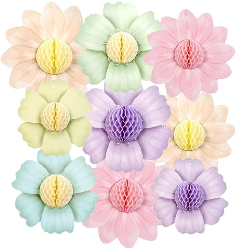 9pcs 10 Inches Paper Honeycomb Balls Decorations, Pastel Hanging Paper Pompoms Decorations, Pastel Flowers Honeycomb Balls Decoration for Birthday Weddings Wall Backdrop Decoration