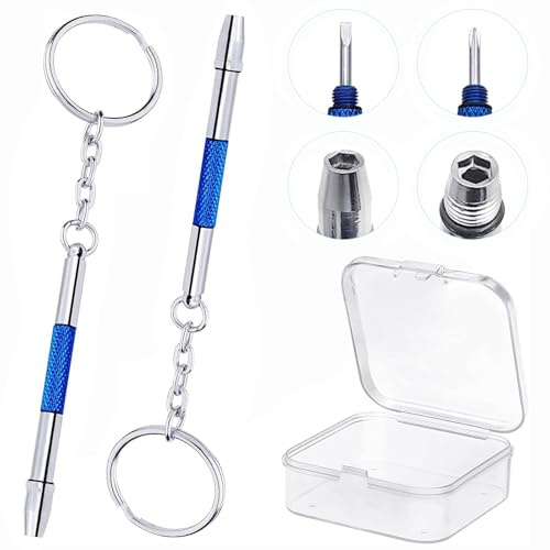 4-in-1 Glasses Screwdriver, Epehio 2Pcs Screwdriver for Glasses Tightening Kit, Stainless Steel Mini Screwdriver Set for Glasses Jewelry Watches, Portable with Keychain, Plastic Box(Blue)