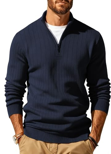 JFAN Hombre Jersey de Punto Cuello Alto con Cremallera Pullover Manga Larga Sueter Cuello Alto Plain Knitted Cálido Invierno Azul Oscuro XXL