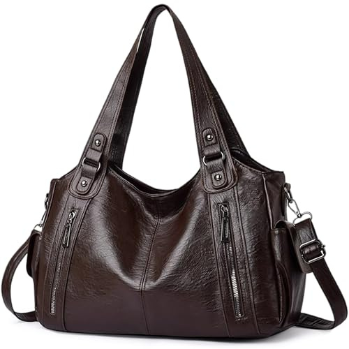 Mabecol Borsa Shopper Donna PU Grande Capacità Elegante Vintage Tote Rigida a Mano e a Spalla con Tracolla Regolabile per Lavoro Ufficio Università Quotidiana (Caffè)