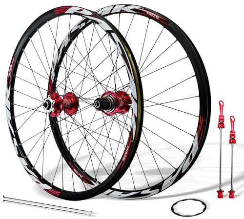 24inch Mountain Bike Wheels Disc Brake Quick Release Front And Rear Wheels Aluminum Alloy Double Wall Rims Youth Bike Wheelset For 7/8/9/10/11/12 Speed Cassette 32Holes(Red)