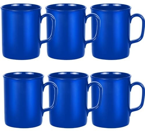 Blue Plastic Mugs 275ml UK Made Ceramic Looking Pack of 6, Lightweight Durable Coffee Cups with Handles, Dishwasher Microwave Safe, Camping, Picnic, Ideal for Children