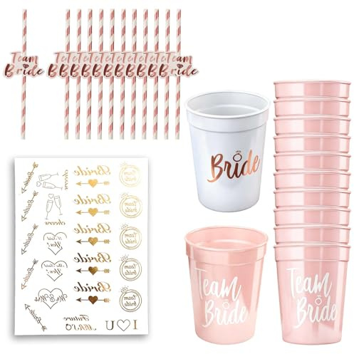 FMPXYYA EVJF Accessoires Mariage 12 gobelets 473ml Blanc Rose avec pailles réutilisables et Tatouages temporaires pour Enterrement de Vie de Jeune Fille fête Noces Anniversaire