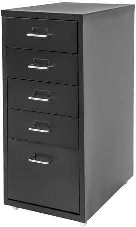 Mobiler Aktenschrank mit 5 Schubladen, Rollcontainer Büroschrank, Aufbewahrungsschrank aus Metall mit Rollen, Schreibtisch Unterschrank für Zuhause und Büro, 28x41x69 cm (Schwarz)