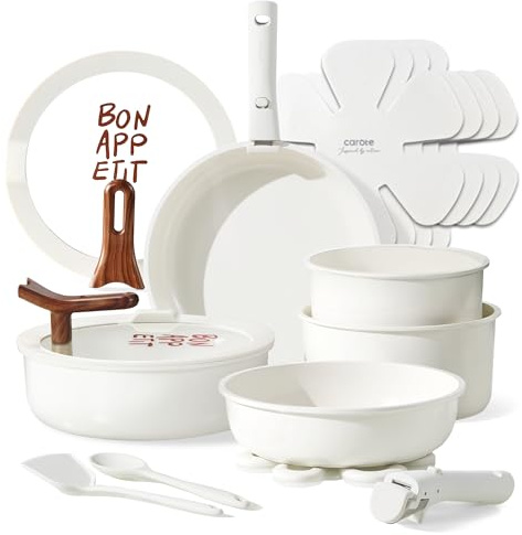 CAROTE 18Pcs Ceramic Cookware Set with Detachable Handle, Pots and Pans Set Non Stick, Non Toxic Kitchen Cooking Sets with Stand-Up Lid, PFAS and PFOA Free, Oven Safe, Induction Ready, Cream White