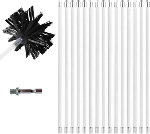 Chimney Cleaning Brush Kit, 15 Flexible Rods with 150mm Nylon Rotary Brush for Fireplace, Dryer Vent & Flue, Durable Duct Sweeping Set with 1 M8 Thread