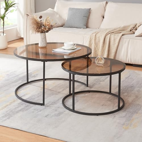 [en.casa] Couchtisch Kokkola 2er Set Wohnzimmertisch rund Beistelltisch Schwarz Tischplatte aus Glas Kaffeetisch Metallgestell Satztisch Sofatisch Rauchglas, braun